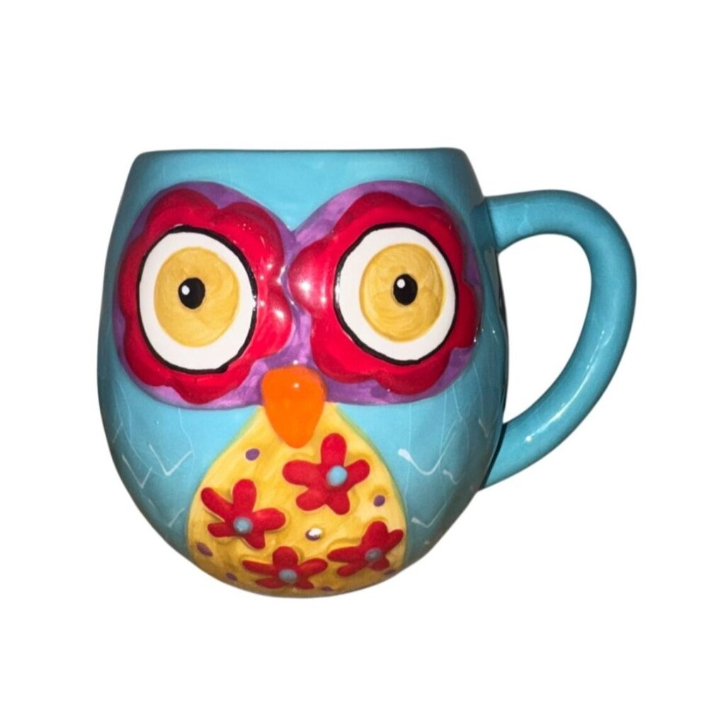 Whimsical Owl Ceramic Coffee Mug By Natural Life Blue Turquoise Novelty Cup